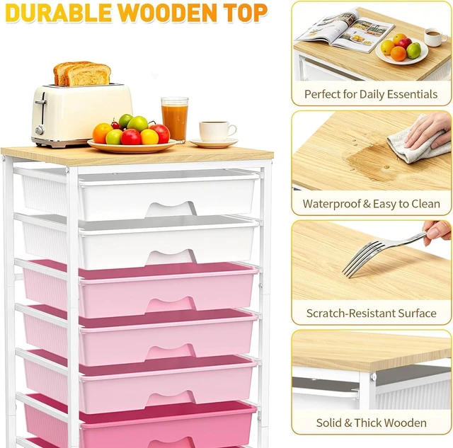 Alt view image 4 of 7 - Rolling Cart With 8 Drawers, Storage Drawer Cart for Craft Art,Pink Storage Utility Cart with Wooden Tabletop & 2 Lockable Wheels, Teacher Storage Cart for Classroom School Storage, Makeup,Nail