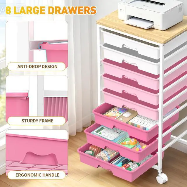 Alt view image 5 of 7 - Rolling Cart With 8 Drawers, Storage Drawer Cart for Craft Art,Pink Storage Utility Cart with Wooden Tabletop & 2 Lockable Wheels, Teacher Storage Cart for Classroom School Storage, Makeup,Nail