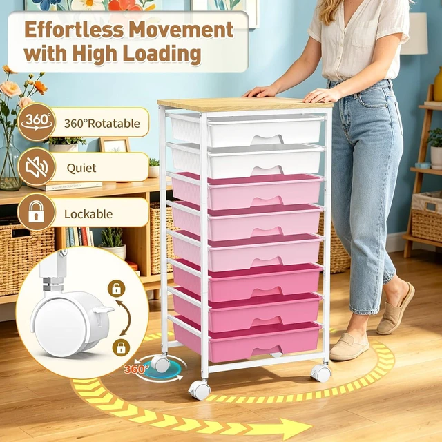 Alt view image 6 of 7 - Rolling Cart With 8 Drawers, Storage Drawer Cart for Craft Art,Pink Storage Utility Cart with Wooden Tabletop & 2 Lockable Wheels, Teacher Storage Cart for Classroom School Storage, Makeup,Nail