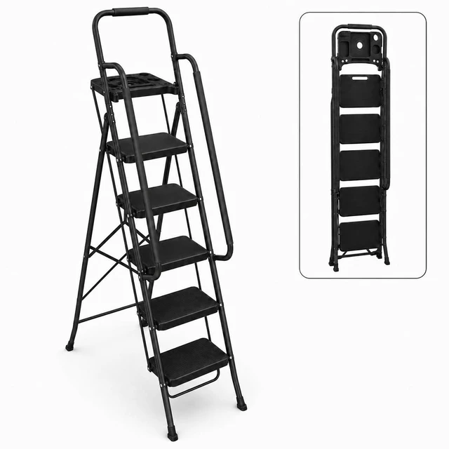 Main image of 5-Step Ladder with Wide Anti-Slip Platform & Thick Rubber Feet | Heavy Duty Foldable & Portable | 330 lbs Capacity, Steel Frame, Rubber Handgrip, Folding Step Stool