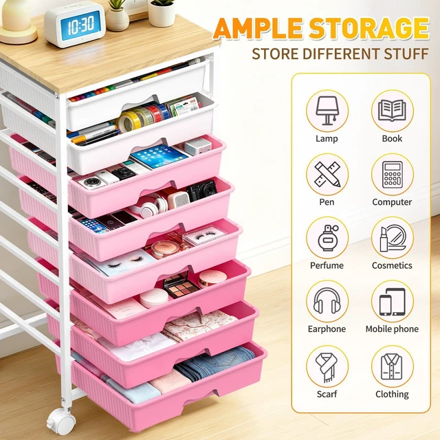 Alt view image 7 of 7 - Rolling Cart With 8 Drawers, Storage Drawer Cart for Craft Art,Pink Storage Utility Cart with Wooden Tabletop & 2 Lockable Wheels, Teacher Storage Cart for Classroom School Storage, Makeup,Nail