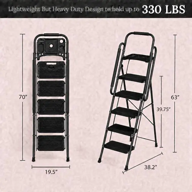 Alt view image 3 of 6 - 5-Step Ladder with Wide Anti-Slip Platform & Thick Rubber Feet | Heavy Duty Foldable & Portable | 330 lbs Capacity, Steel Frame, Rubber Handgrip, Folding Step Stool
