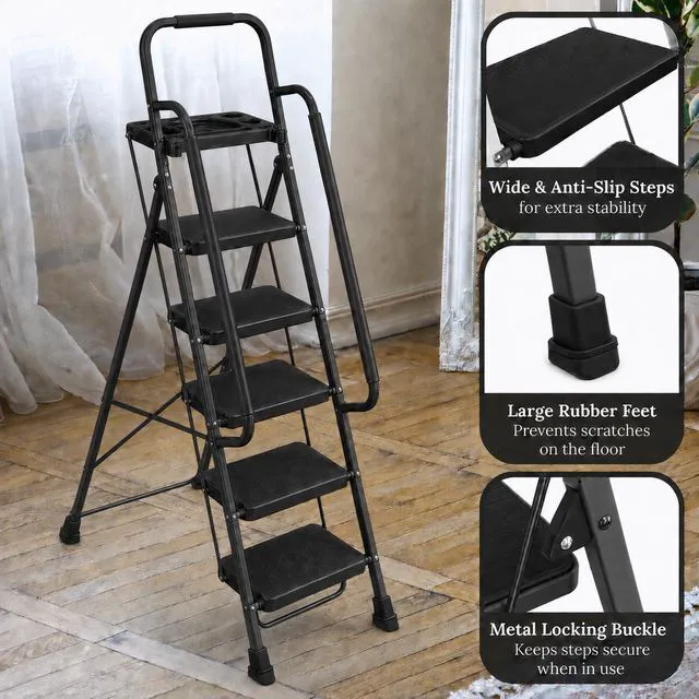 Alt view image 4 of 6 - 5-Step Ladder with Wide Anti-Slip Platform & Thick Rubber Feet | Heavy Duty Foldable & Portable | 330 lbs Capacity, Steel Frame, Rubber Handgrip, Folding Step Stool