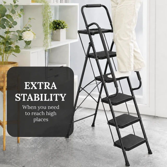 Alt view image 2 of 6 - 5-Step Ladder with Wide Anti-Slip Platform & Thick Rubber Feet | Heavy Duty Foldable & Portable | 330 lbs Capacity, Steel Frame, Rubber Handgrip, Folding Step Stool