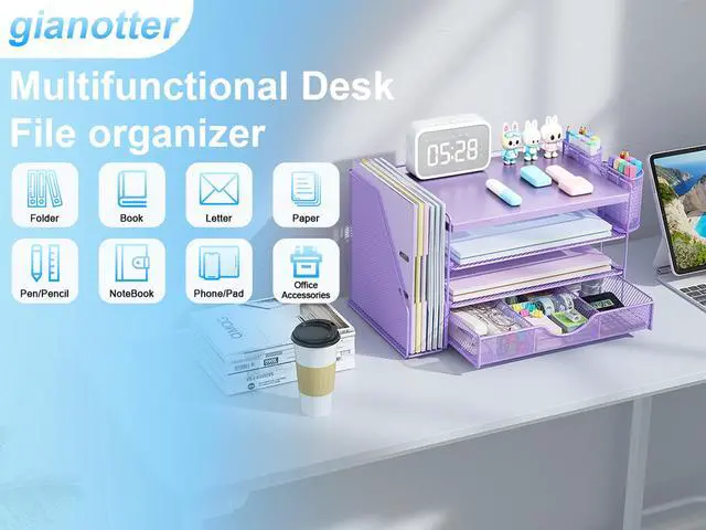 Alt view image 3 of 7 - Wood Desk Organizers and Accessories with File Holder, 4-Tier Desk Accessories & Workspace Organizers with Drawer and 2 Pen Holder, Desk Reference Organizer (Purple, 4T with Metal Drawer)