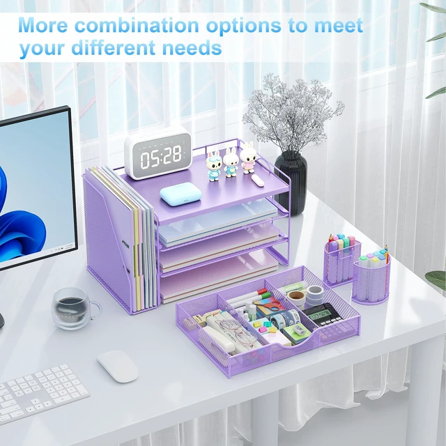 Alt view image 4 of 7 - Wood Desk Organizers and Accessories with File Holder, 4-Tier Desk Accessories & Workspace Organizers with Drawer and 2 Pen Holder, Desk Reference Organizer (Purple, 4T with Metal Drawer)