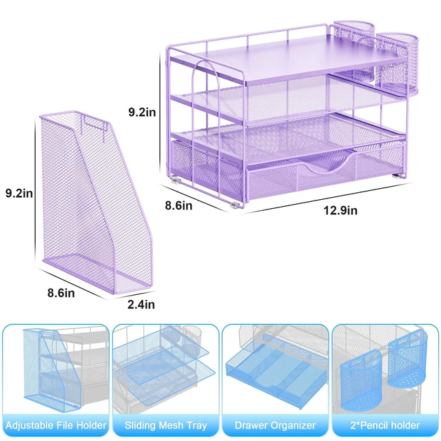 Alt view image 5 of 7 - Wood Desk Organizers and Accessories with File Holder, 4-Tier Desk Accessories & Workspace Organizers with Drawer and 2 Pen Holder, Desk Reference Organizer (Purple, 4T with Metal Drawer)