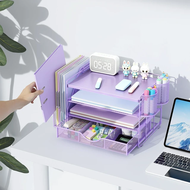 Alt view image 6 of 7 - Wood Desk Organizers and Accessories with File Holder, 4-Tier Desk Accessories & Workspace Organizers with Drawer and 2 Pen Holder, Desk Reference Organizer (Purple, 4T with Metal Drawer)