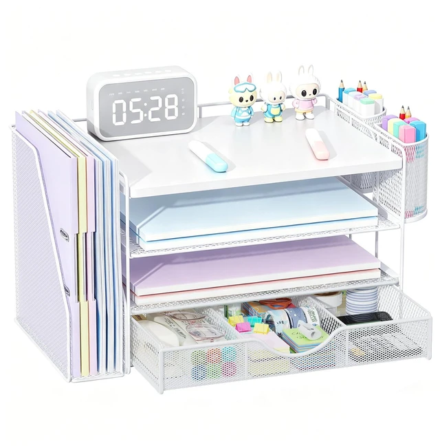 Main image of Wood Desk Organizers and Accessories with File Holder, 4-Tier Desk Accessories & Workspace Organizers with Drawer and 2 Pen Holder, Desk Reference Organizer (White, 4T with Metal Drawer)