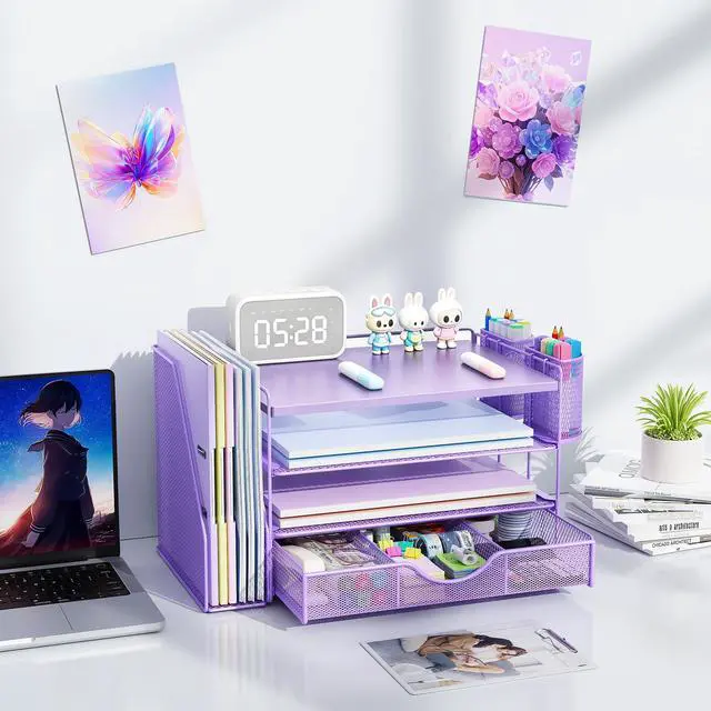 Alt view image 7 of 7 - Wood Desk Organizers and Accessories with File Holder, 4-Tier Desk Accessories & Workspace Organizers with Drawer and 2 Pen Holder, Desk Reference Organizer (Purple, 4T with Metal Drawer)