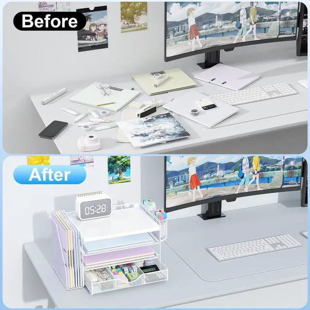 Alt view image 2 of 7 - Wood Desk Organizers and Accessories with File Holder, 4-Tier Desk Accessories & Workspace Organizers with Drawer and 2 Pen Holder, Desk Reference Organizer (White, 4T with Metal Drawer)