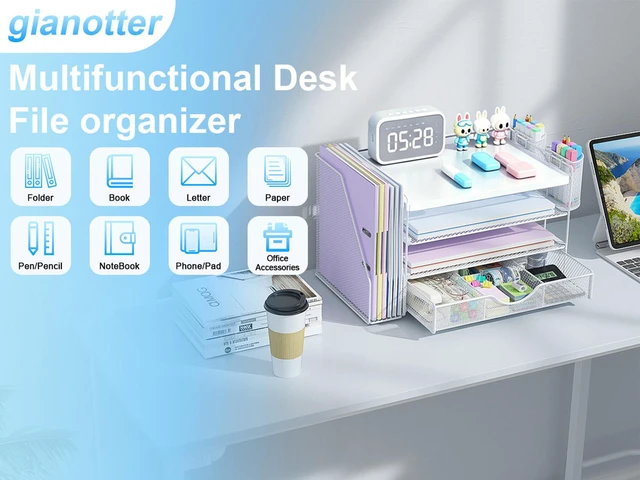 Alt view image 3 of 7 - Wood Desk Organizers and Accessories with File Holder, 4-Tier Desk Accessories & Workspace Organizers with Drawer and 2 Pen Holder, Desk Reference Organizer (White, 4T with Metal Drawer)