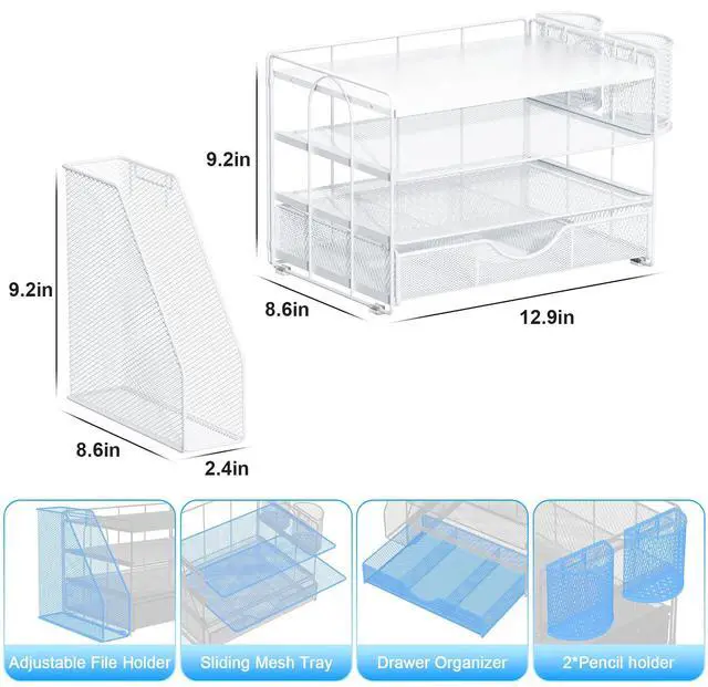 Alt view image 5 of 7 - Wood Desk Organizers and Accessories with File Holder, 4-Tier Desk Accessories & Workspace Organizers with Drawer and 2 Pen Holder, Desk Reference Organizer (White, 4T with Metal Drawer)