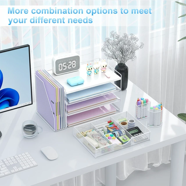 Alt view image 4 of 7 - Wood Desk Organizers and Accessories with File Holder, 4-Tier Desk Accessories & Workspace Organizers with Drawer and 2 Pen Holder, Desk Reference Organizer (White, 4T with Metal Drawer)