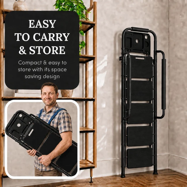 Alt view image 6 of 6 - 5-Step Ladder with Wide Anti-Slip Platform & Thick Rubber Feet | Heavy Duty Foldable & Portable | 330 lbs Capacity, Steel Frame, Rubber Handgrip, Folding Step Stool
