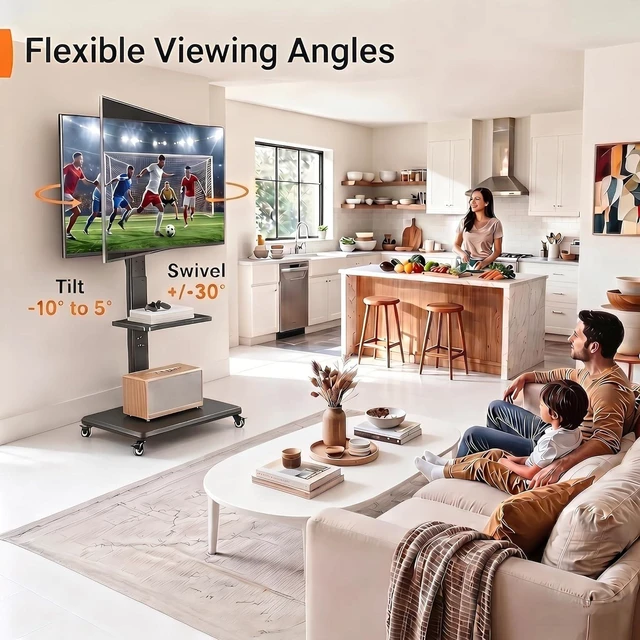Alt view image 4 of 7 - Rolling TV Stand for 30-75 Inch, Mobile TV Cart Holds up to 110 lbs, Tilt & Height Adjustable Portable TV Stand on Wheels for Bedroom with Shelf, Outdoor TV Stand Max VESA 600x400mm PGTVMC27