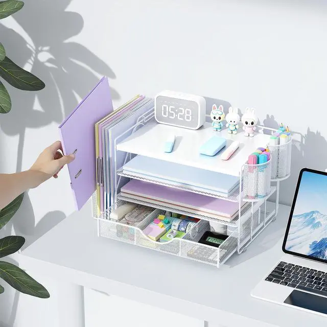 Alt view image 6 of 7 - Wood Desk Organizers and Accessories with File Holder, 4-Tier Desk Accessories & Workspace Organizers with Drawer and 2 Pen Holder, Desk Reference Organizer (White, 4T with Metal Drawer)