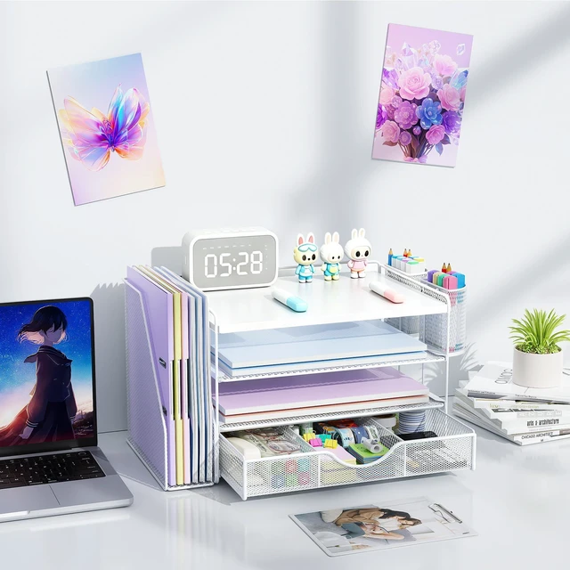 Alt view image 7 of 7 - Wood Desk Organizers and Accessories with File Holder, 4-Tier Desk Accessories & Workspace Organizers with Drawer and 2 Pen Holder, Desk Reference Organizer (White, 4T with Metal Drawer)