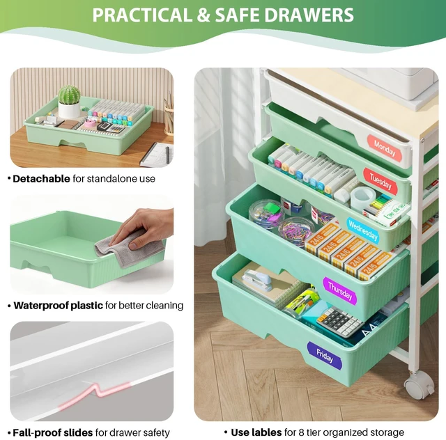 Alt view image 3 of 7 - Rolling Cart with 5 Drawers for Craft, Art, Dorm, Office, Green Utility Cart Organizer With 5 Removable Drawers and Wooden Tabletop, Lockable Rolling Storage Organizer for Classroom, Home