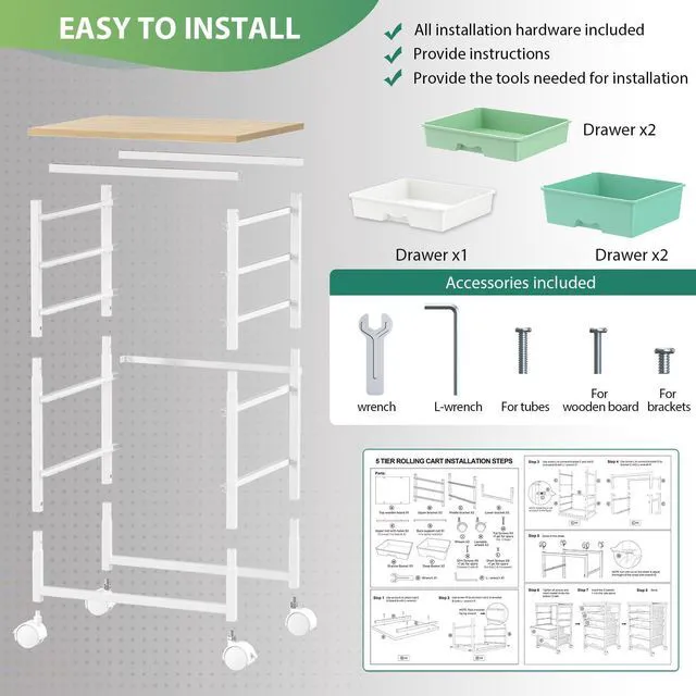 Alt view image 6 of 7 - Rolling Cart with 5 Drawers for Craft, Art, Dorm, Office, Green Utility Cart Organizer With 5 Removable Drawers and Wooden Tabletop, Lockable Rolling Storage Organizer for Classroom, Home
