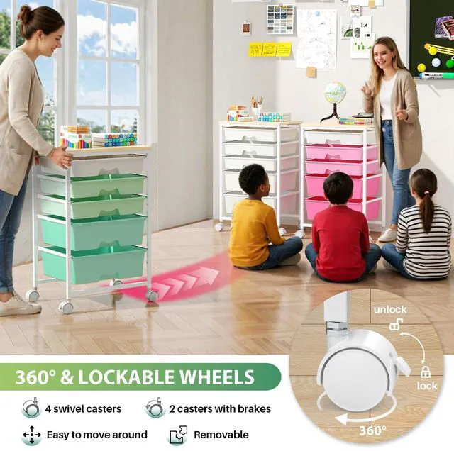 Alt view image 5 of 7 - Rolling Cart with 5 Drawers for Craft, Art, Dorm, Office, Green Utility Cart Organizer With 5 Removable Drawers and Wooden Tabletop, Lockable Rolling Storage Organizer for Classroom, Home
