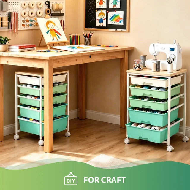 Alt view image 7 of 7 - Rolling Cart with 5 Drawers for Craft, Art, Dorm, Office, Green Utility Cart Organizer With 5 Removable Drawers and Wooden Tabletop, Lockable Rolling Storage Organizer for Classroom, Home