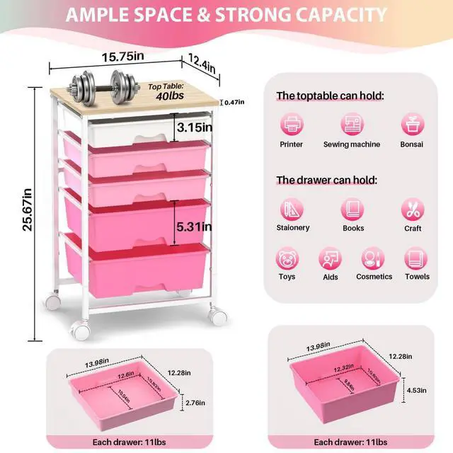 Alt view image 2 of 7 - Rolling Cart with 5 Drawers for Craft, Art, Dorm, Office, Pink Utility Cart Organizer With 5 Removable Drawers and Wooden Tabletop, Lockable Rolling Storage Organizer for Classroom, Home