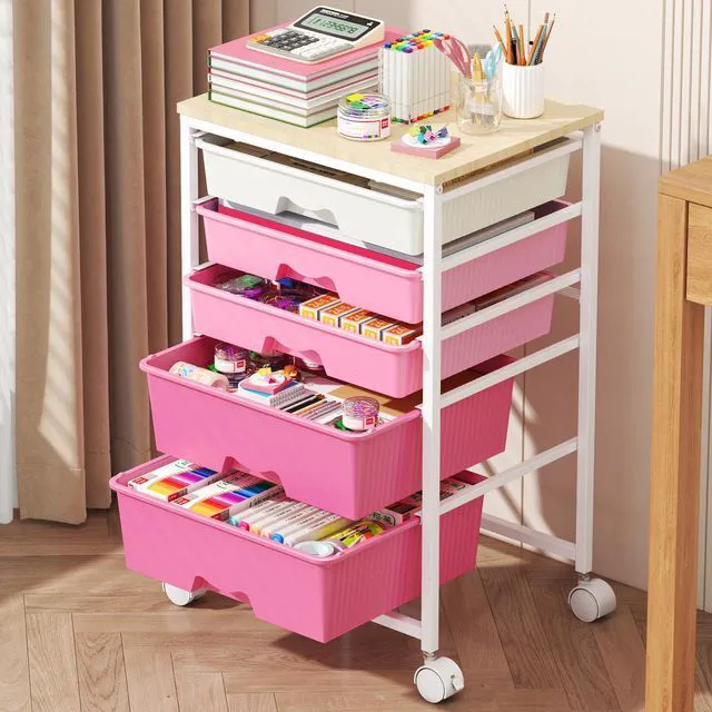 Main image of Rolling Cart with 5 Drawers for Craft, Art, Dorm, Office, Pink Utility Cart Organizer With 5 Removable Drawers and Wooden Tabletop, Lockable Rolling Storage Organizer for Classroom, Home