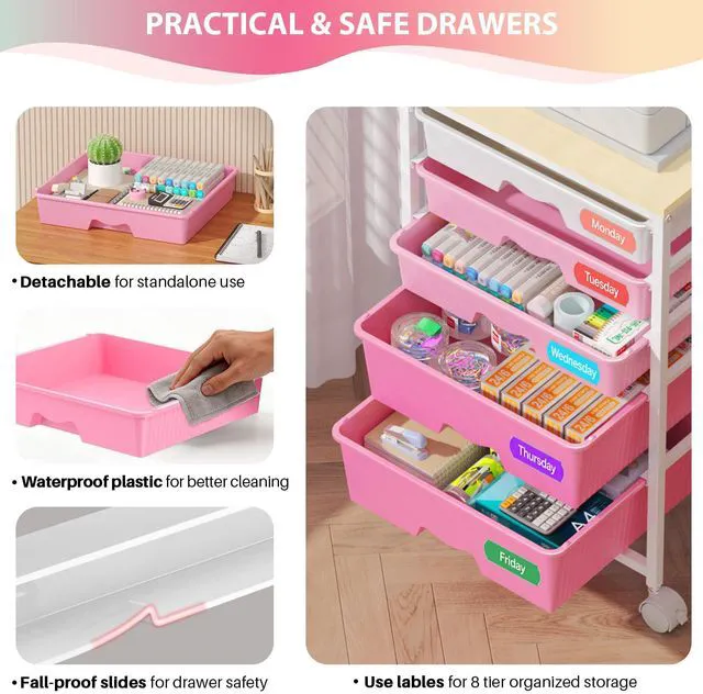 Alt view image 3 of 7 - Rolling Cart with 5 Drawers for Craft, Art, Dorm, Office, Pink Utility Cart Organizer With 5 Removable Drawers and Wooden Tabletop, Lockable Rolling Storage Organizer for Classroom, Home
