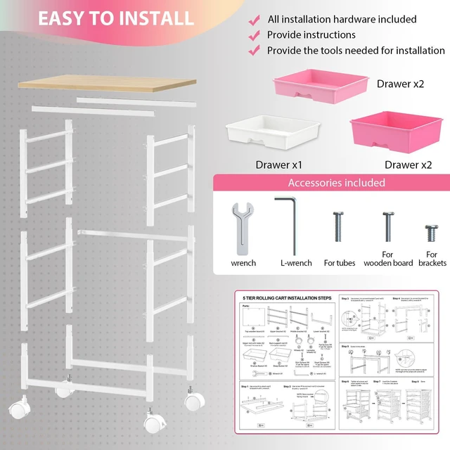 Alt view image 6 of 7 - Rolling Cart with 5 Drawers for Craft, Art, Dorm, Office, Pink Utility Cart Organizer With 5 Removable Drawers and Wooden Tabletop, Lockable Rolling Storage Organizer for Classroom, Home