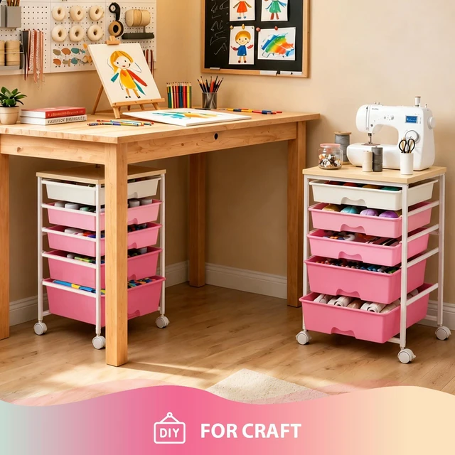 Alt view image 7 of 7 - Rolling Cart with 5 Drawers for Craft, Art, Dorm, Office, Pink Utility Cart Organizer With 5 Removable Drawers and Wooden Tabletop, Lockable Rolling Storage Organizer for Classroom, Home