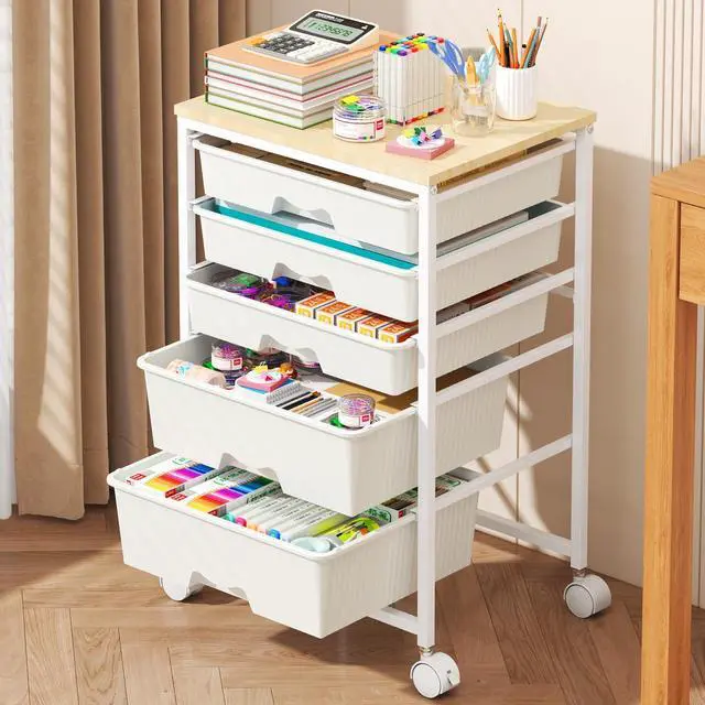 Main image of Rolling Cart with 5 Drawers for Craft, Art, Dorm, Office, White Utility Cart Organizer With 5 Removable Drawers and Wooden Tabletop, Lockable Rolling Storage Organizer for Classroom, Home