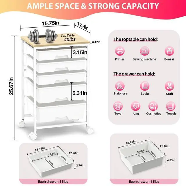 Alt view image 2 of 7 - Rolling Cart with 5 Drawers for Craft, Art, Dorm, Office, White Utility Cart Organizer With 5 Removable Drawers and Wooden Tabletop, Lockable Rolling Storage Organizer for Classroom, Home