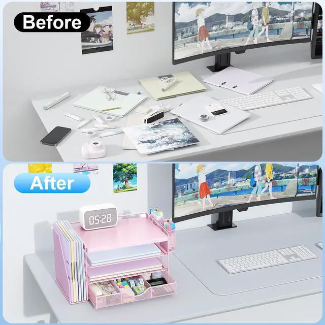 Alt view image 2 of 7 - Wood Desk Organizers and Accessories with File Holder, 4-Tier Desk Accessories & Workspace Organizers with Drawer and 2 Pen Holder, Desk Reference Organizer (Pink, 4T with Metal Drawer)