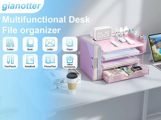 Alt view image 3 of 7 - Wood Desk Organizers and Accessories with File Holder, 4-Tier Desk Accessories & Workspace Organizers with Drawer and 2 Pen Holder, Desk Reference Organizer (Pink, 4T with Metal Drawer)