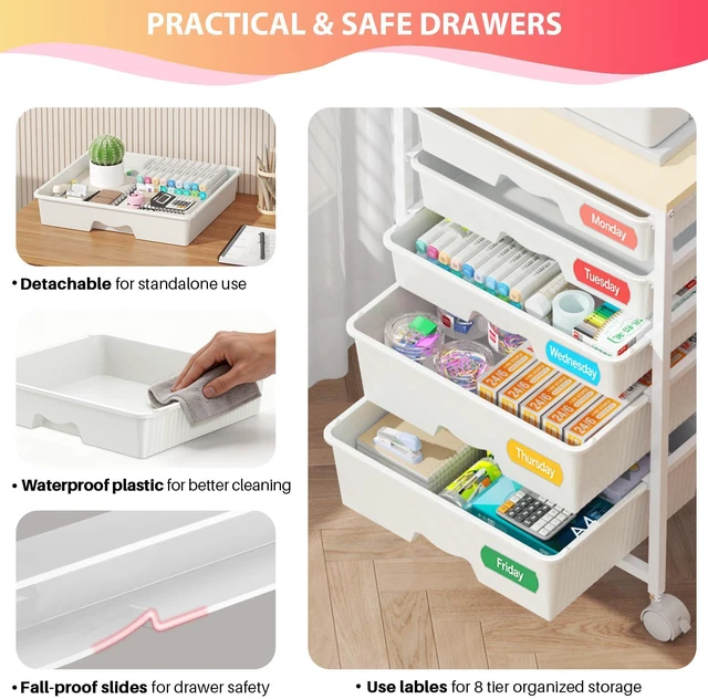 Alt view image 3 of 7 - Rolling Cart with 5 Drawers for Craft, Art, Dorm, Office, White Utility Cart Organizer With 5 Removable Drawers and Wooden Tabletop, Lockable Rolling Storage Organizer for Classroom, Home