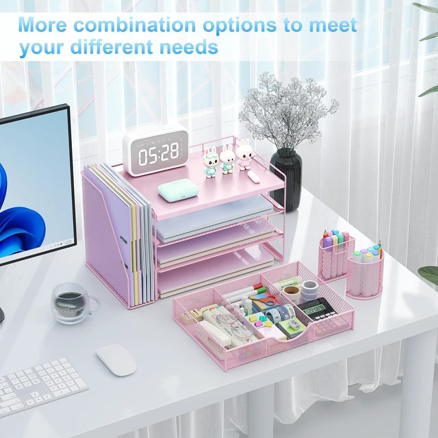 Alt view image 4 of 7 - Wood Desk Organizers and Accessories with File Holder, 4-Tier Desk Accessories & Workspace Organizers with Drawer and 2 Pen Holder, Desk Reference Organizer (Pink, 4T with Metal Drawer)