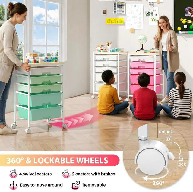 Alt view image 5 of 7 - Rolling Cart with 5 Drawers for Craft, Art, Dorm, Office, White Utility Cart Organizer With 5 Removable Drawers and Wooden Tabletop, Lockable Rolling Storage Organizer for Classroom, Home