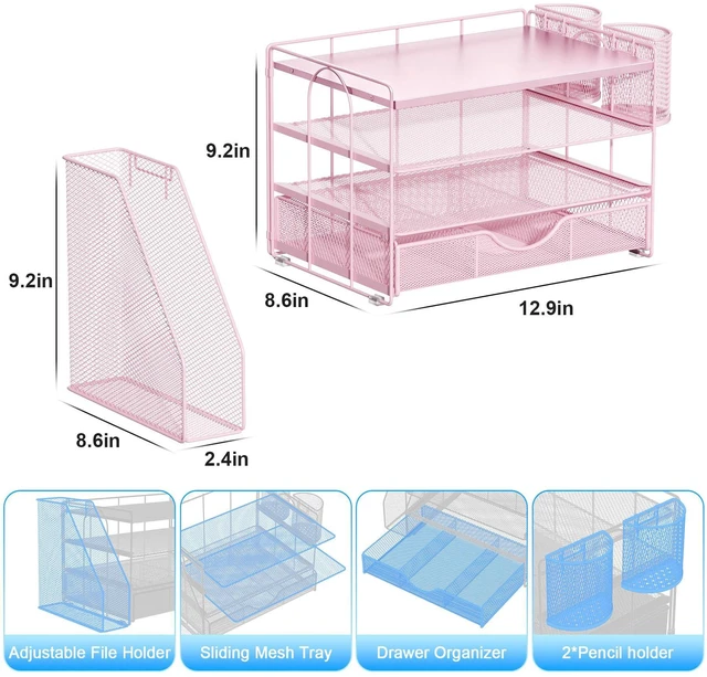 Alt view image 5 of 7 - Wood Desk Organizers and Accessories with File Holder, 4-Tier Desk Accessories & Workspace Organizers with Drawer and 2 Pen Holder, Desk Reference Organizer (Pink, 4T with Metal Drawer)