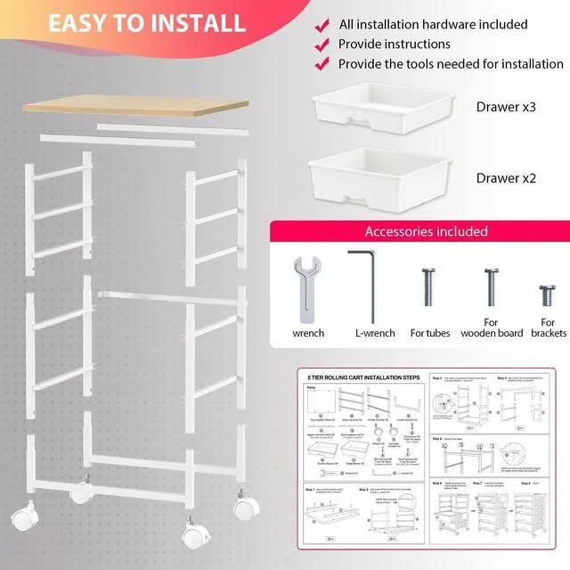 Alt view image 6 of 7 - Rolling Cart with 5 Drawers for Craft, Art, Dorm, Office, White Utility Cart Organizer With 5 Removable Drawers and Wooden Tabletop, Lockable Rolling Storage Organizer for Classroom, Home