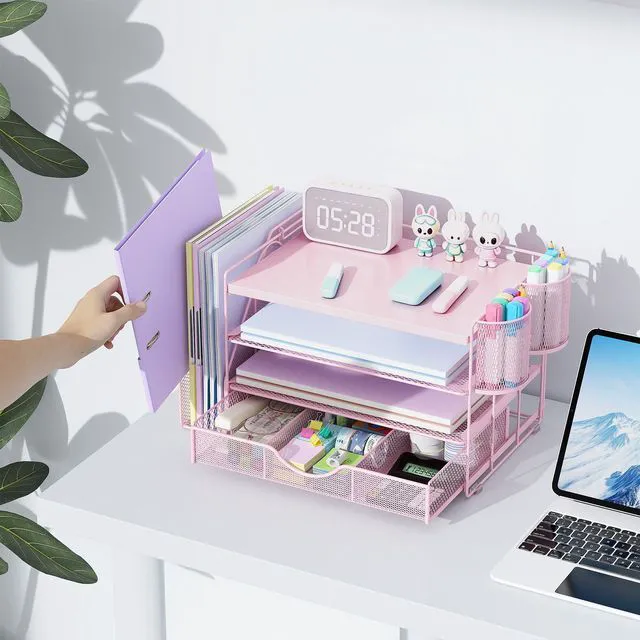 Alt view image 6 of 7 - Wood Desk Organizers and Accessories with File Holder, 4-Tier Desk Accessories & Workspace Organizers with Drawer and 2 Pen Holder, Desk Reference Organizer (Pink, 4T with Metal Drawer)