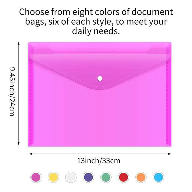 Alt view image 2 of 7 - 48 Pack Plastic Envelopes Poly Envelopes with Snap Closure, Clear Document File Folders, A4 Letter Size for School Home Work Office Organization, 8 Colors