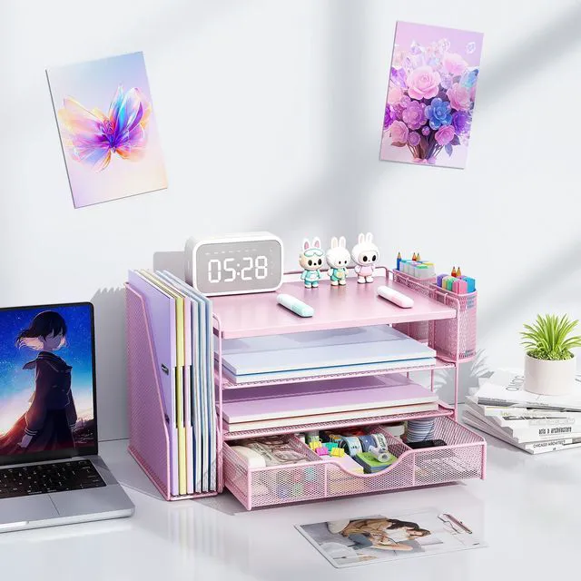 Alt view image 7 of 7 - Wood Desk Organizers and Accessories with File Holder, 4-Tier Desk Accessories & Workspace Organizers with Drawer and 2 Pen Holder, Desk Reference Organizer (Pink, 4T with Metal Drawer)