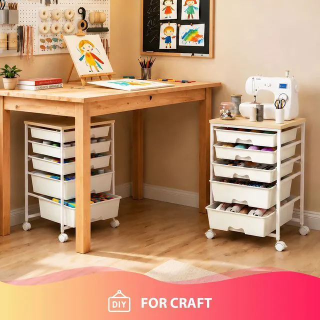 Alt view image 7 of 7 - Rolling Cart with 5 Drawers for Craft, Art, Dorm, Office, White Utility Cart Organizer With 5 Removable Drawers and Wooden Tabletop, Lockable Rolling Storage Organizer for Classroom, Home