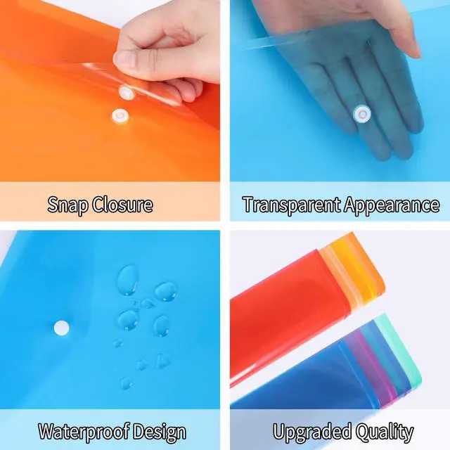 Alt view image 4 of 7 - 48 Pack Plastic Envelopes Poly Envelopes with Snap Closure, Clear Document File Folders, A4 Letter Size for School Home Work Office Organization, 8 Colors