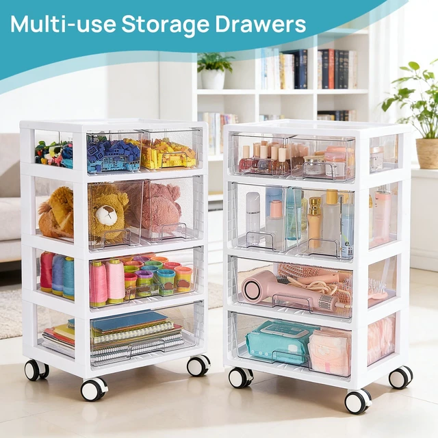 Alt view image 2 of 7 - Drawer Storage Organizer,4 Tier 6 Drawers with Wheels Clear Drawers with Multiple Sizes Keep Supplies Visible. Sturdy for Bathreoom, Office, Under Desk, Crafts & Art Storage