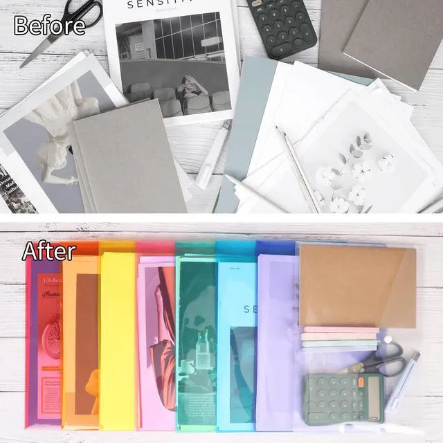 Alt view image 5 of 7 - 48 Pack Plastic Envelopes Poly Envelopes with Snap Closure, Clear Document File Folders, A4 Letter Size for School Home Work Office Organization, 8 Colors