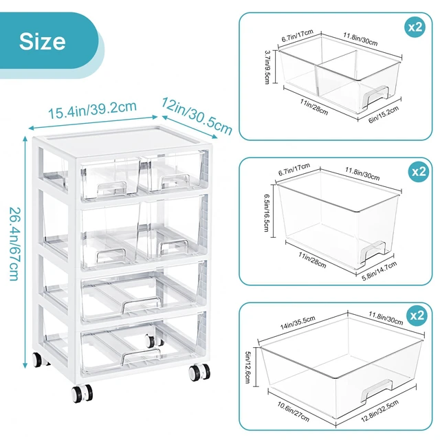 Alt view image 3 of 7 - Drawer Storage Organizer,4 Tier 6 Drawers with Wheels Clear Drawers with Multiple Sizes Keep Supplies Visible. Sturdy for Bathreoom, Office, Under Desk, Crafts & Art Storage