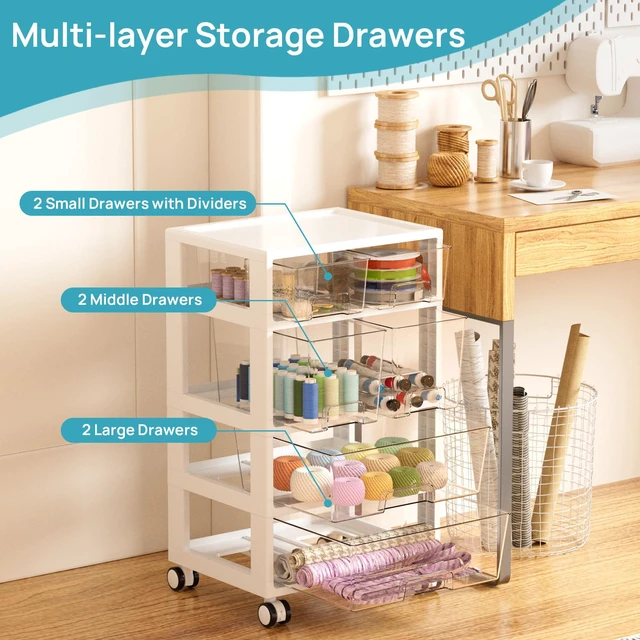 Alt view image 4 of 7 - Drawer Storage Organizer,4 Tier 6 Drawers with Wheels Clear Drawers with Multiple Sizes Keep Supplies Visible. Sturdy for Bathreoom, Office, Under Desk, Crafts & Art Storage