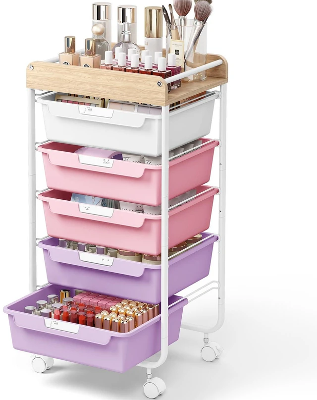 Main image of Rolling Storage Utility Cart with 5 Drawers,Purple Craft Cart with Wheels,Makeup Organizer,Art Supply And Storage Wooden Tabletop